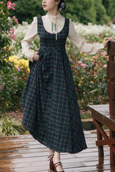 Dark Green Vintage Plaid Print Embroidery Fake Two Pieces High Waisted Classic Lolita Dress